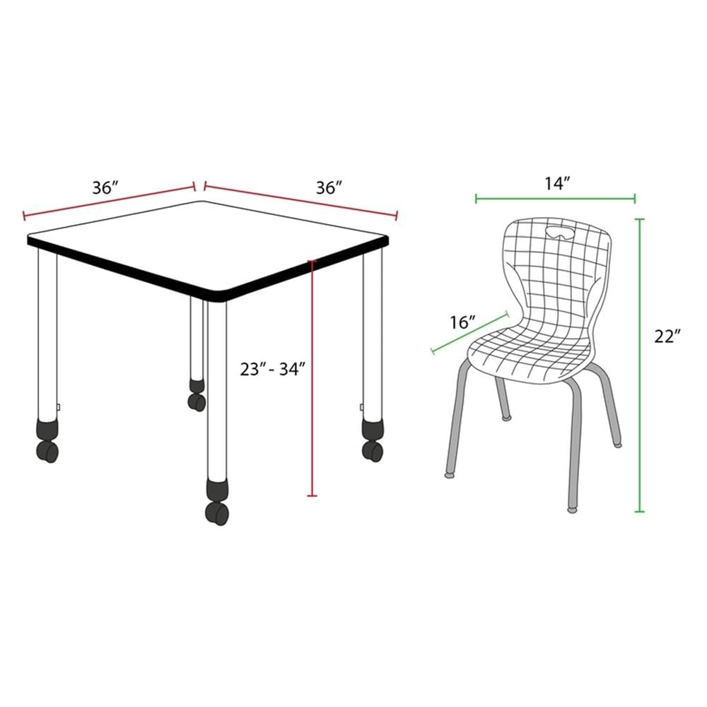 36" Square Mobile Table with 4 Blue Stack Chairs M3812