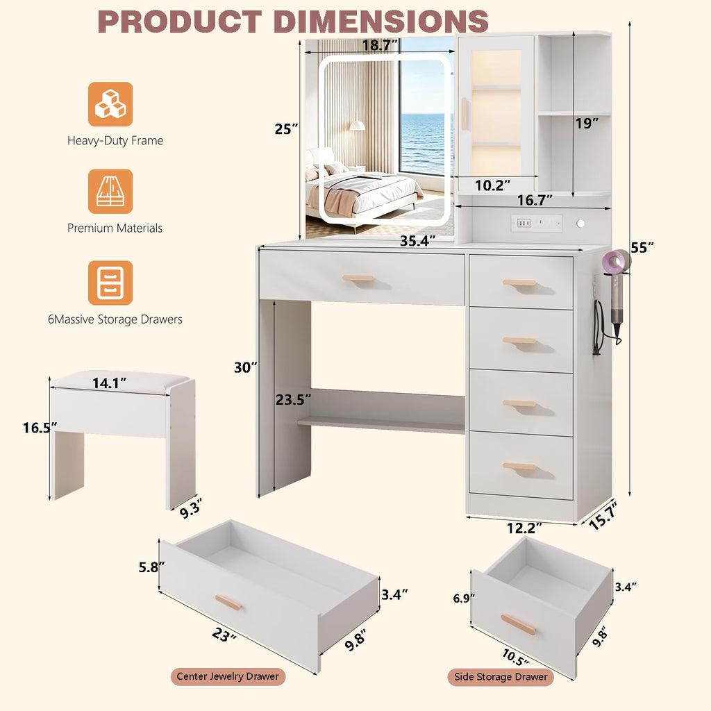 White Vanity Desk with LED Lights Mirror, 5 Drawers, Charging Station & Cushion Stool L810