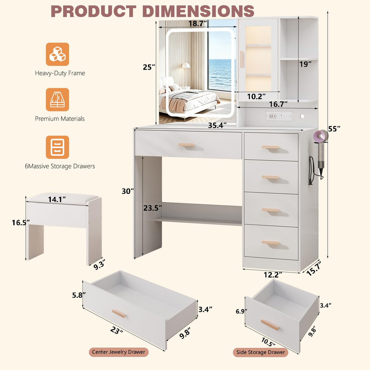 White Vanity Desk with LED Lights Mirror, 5 Drawers, Charging Station & Cushion Stool L810