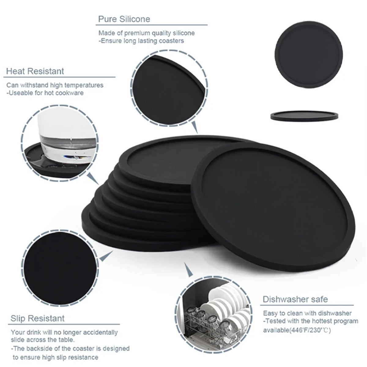 32 Pc Black Silicone Coasters B346368