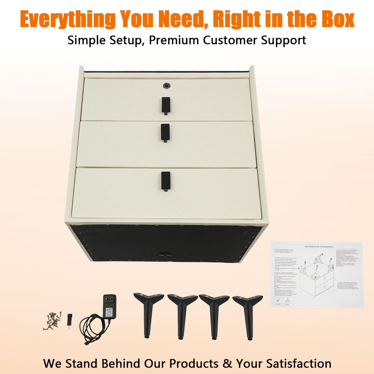 Beige White Smart LED Nightstand with USB Charging R194068