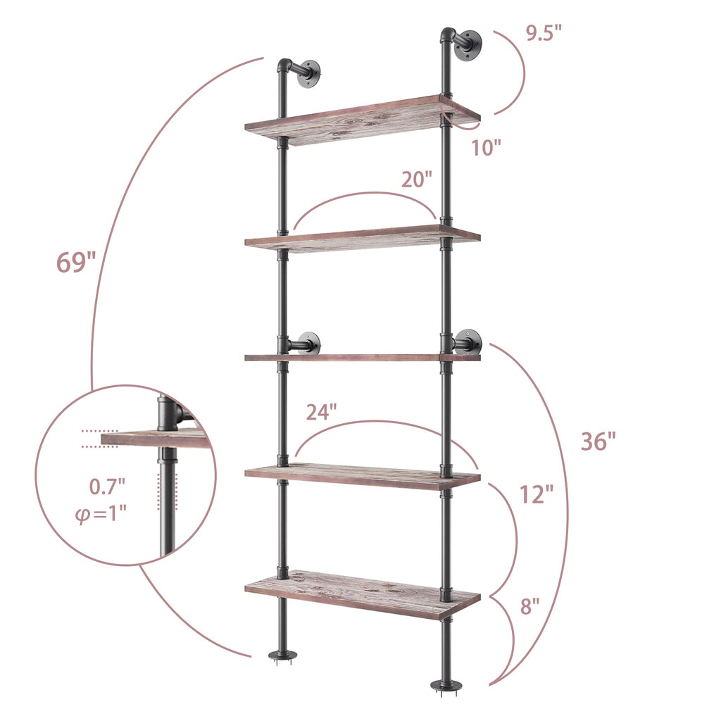 5 Tier Solid Wood Industrial Pipe Ladder Shelf H3373