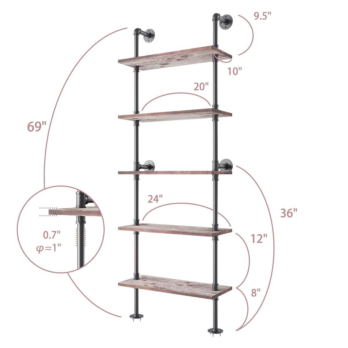 5 Tier Solid Wood Industrial Pipe Ladder Shelf H3373