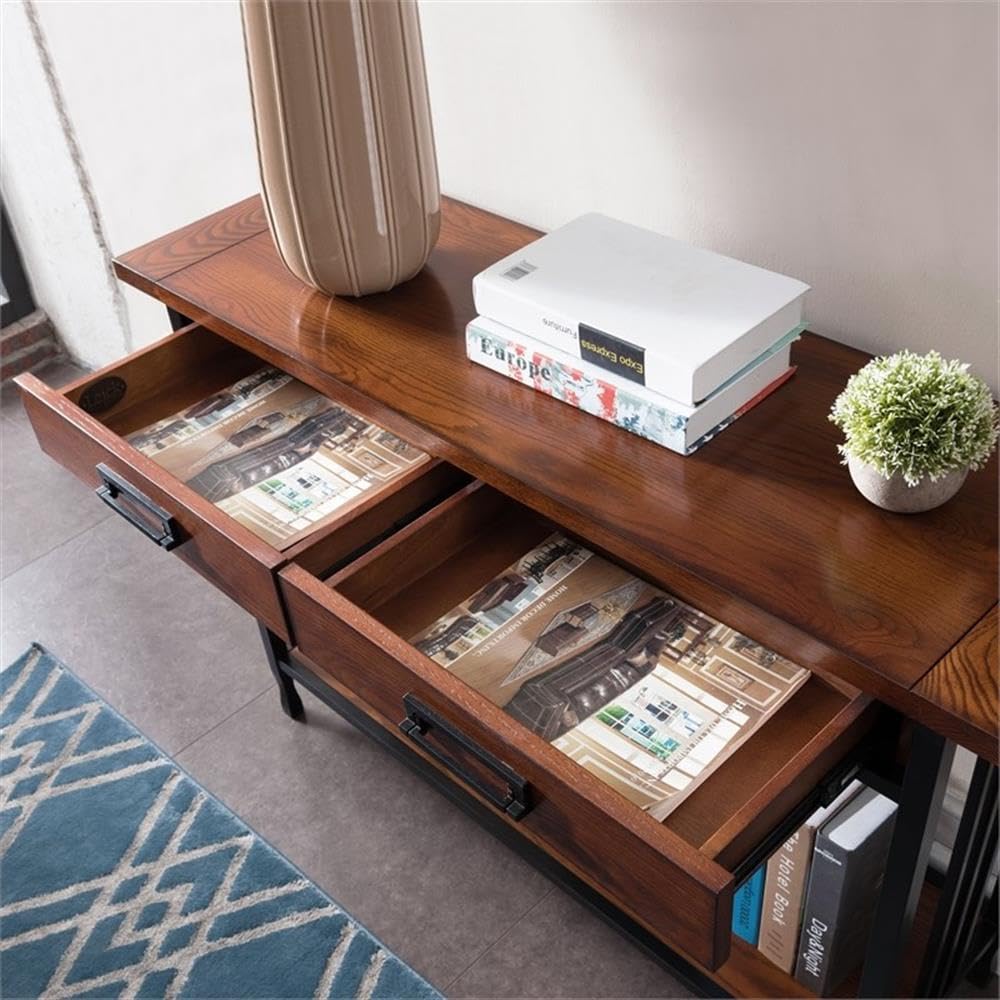 Industrial Wood Console Table with 2 Drawers and Storage Shelf Q154444