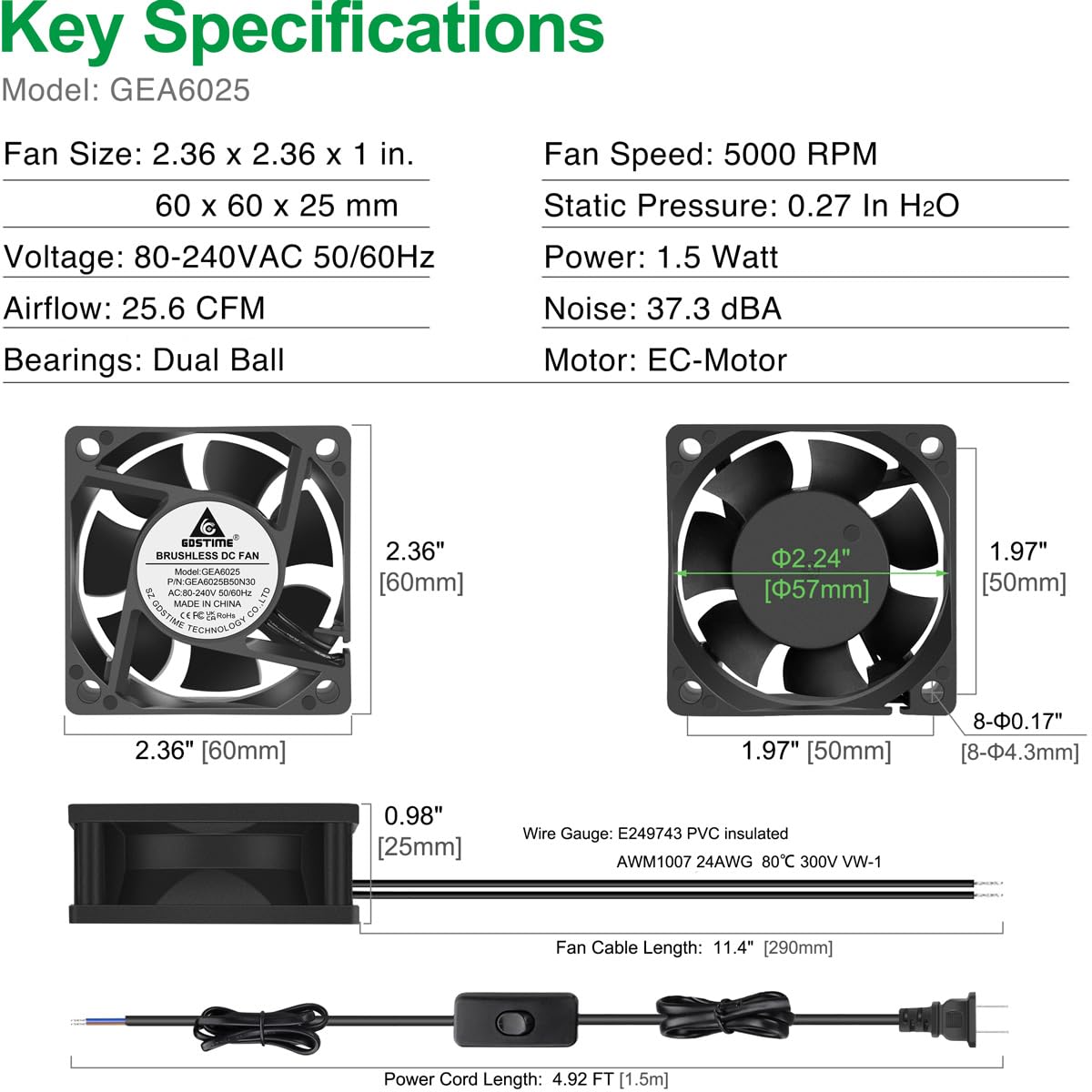 EC Cooling Fan 60mm x 60mm x 25mm AC 110V 240V Dual Ball Bearings Pack of 2 Y658