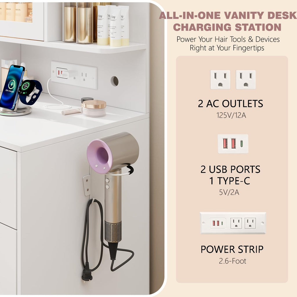 White Vanity Desk with LED Lights Mirror, 5 Drawers, Charging Station & Cushion Stool L810
