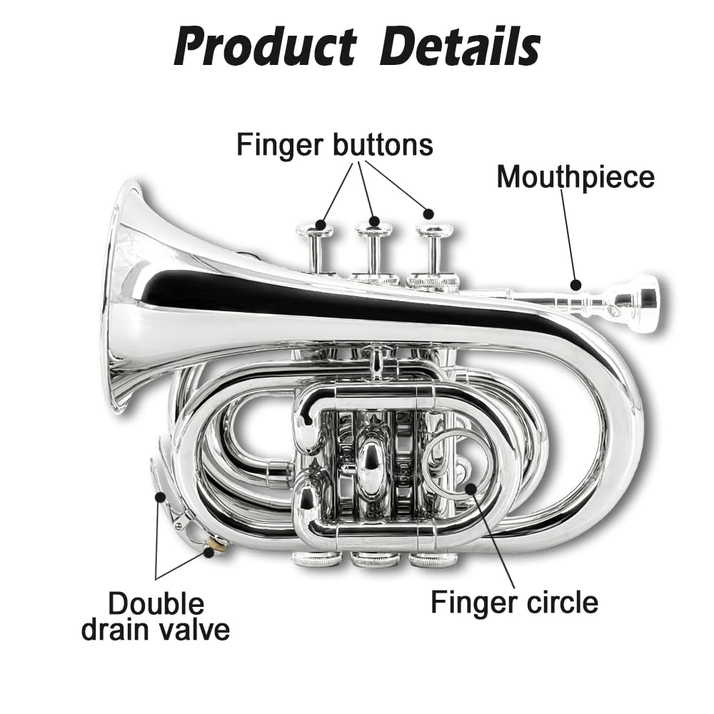 Pocket Trumpet Mini Brass Instrument with 7C Mouthpiece & Case D31268