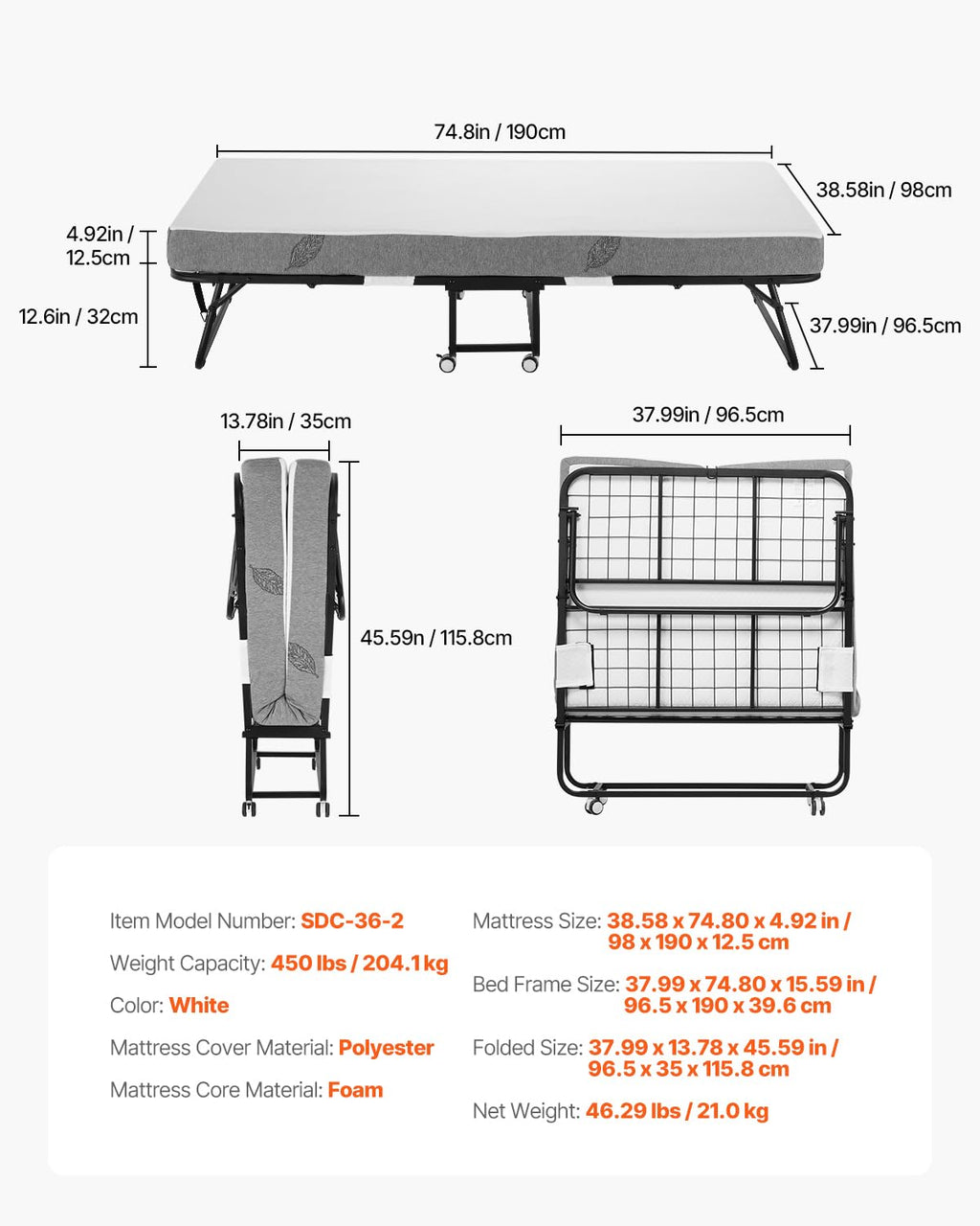 White Twin Size Folding Bed with 5 in Memory Foam Mattress K390