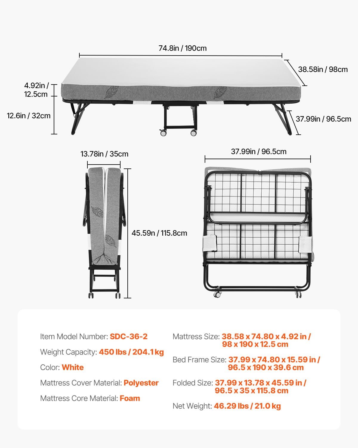 White Twin Size Folding Bed with 5 in Memory Foam Mattress K390