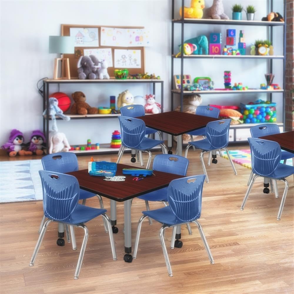 36" Square Mobile Table with 4 Blue Stack Chairs M3812