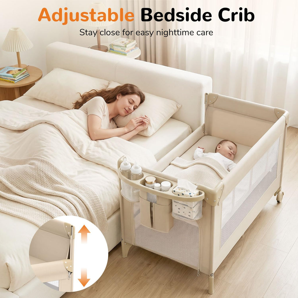 4 in 1 Foldable Pack and Play with Bassinet and Changing Table, Beige I10993
