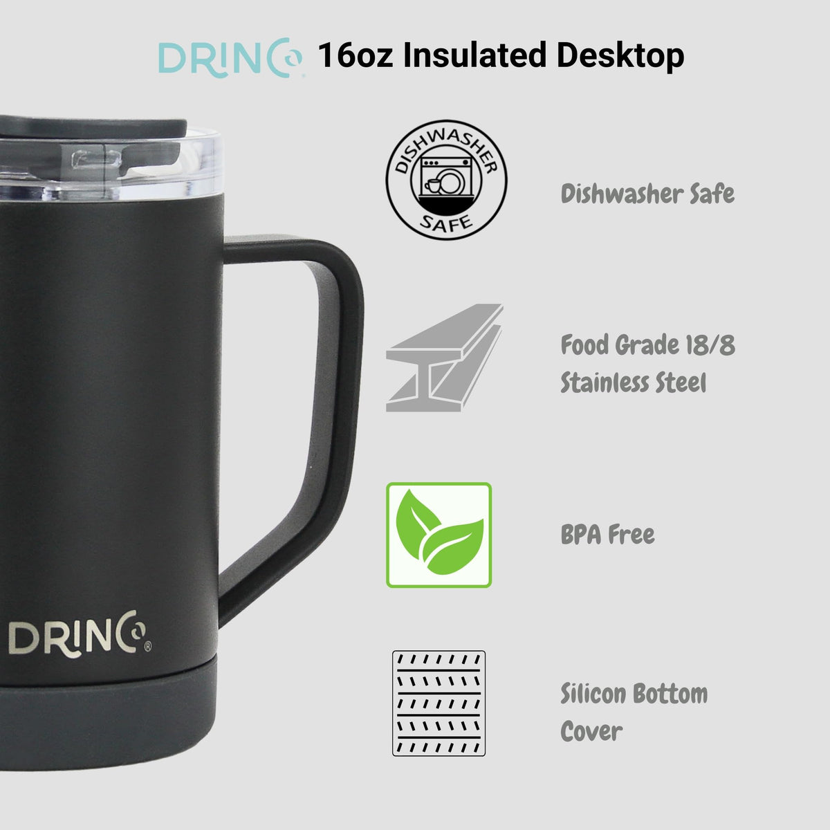 16 oz Black Vacuum Insulated Stainless Steel Travel Mug with Lid J69292