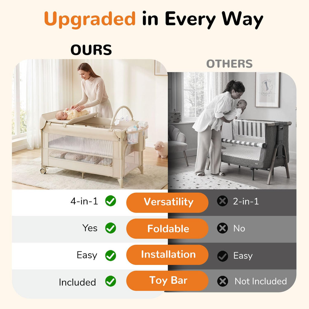 4 in 1 Foldable Pack and Play with Bassinet and Changing Table, Beige I10993