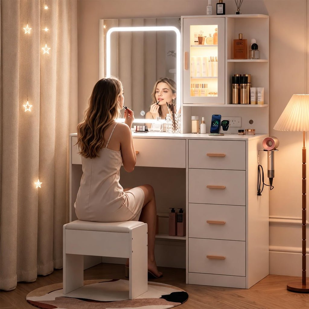 White Vanity Desk with LED Lights Mirror, 5 Drawers, Charging Station & Cushion Stool L810