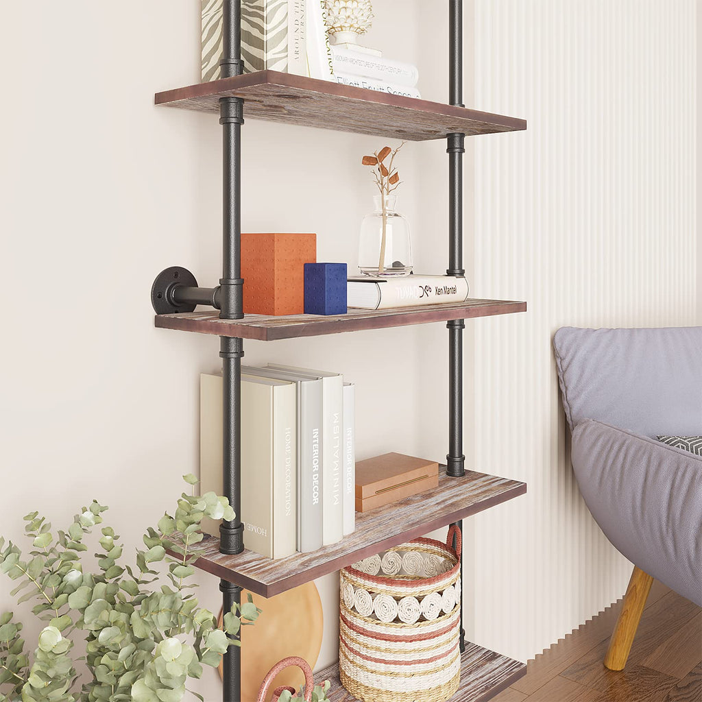 5 Tier Solid Wood Industrial Pipe Ladder Shelf H3373