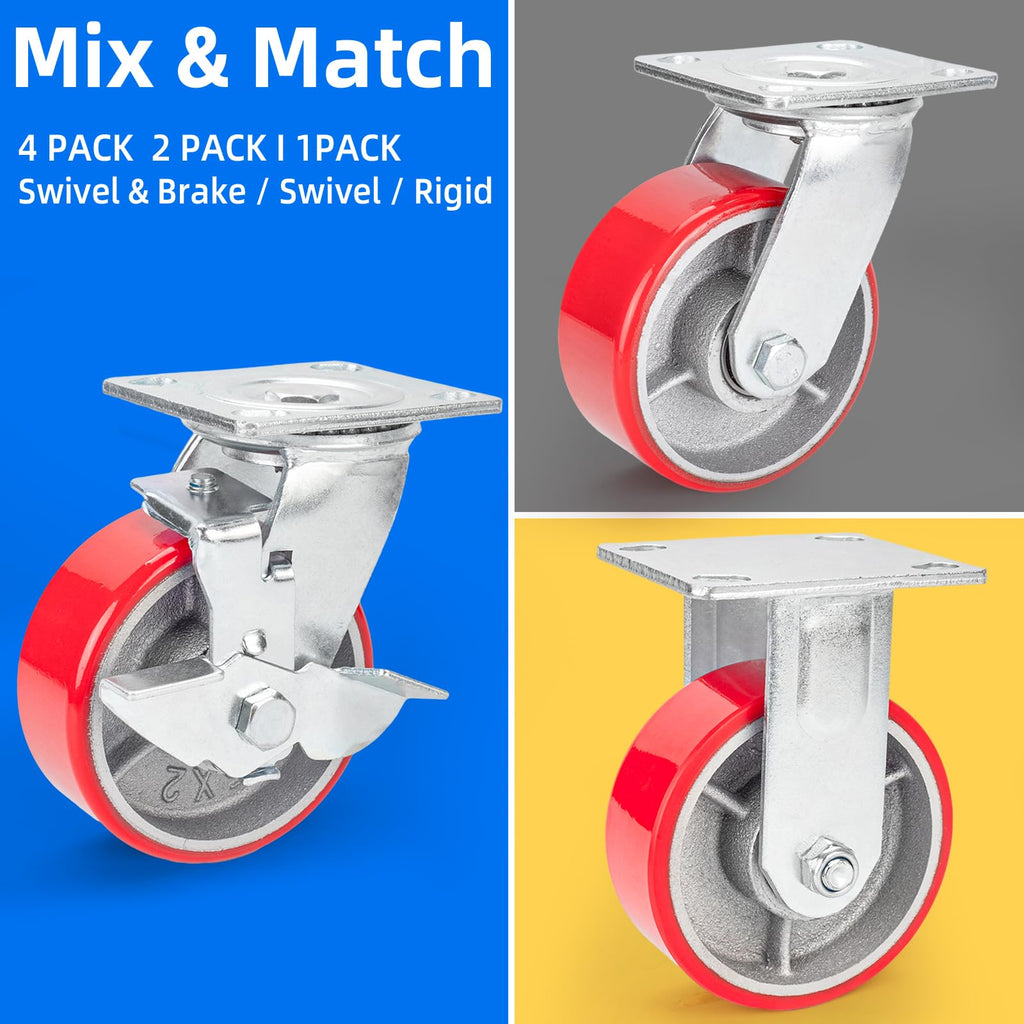 5 Inch Polyurethane Swivel Plate Casters Set of 4 with Brake B974