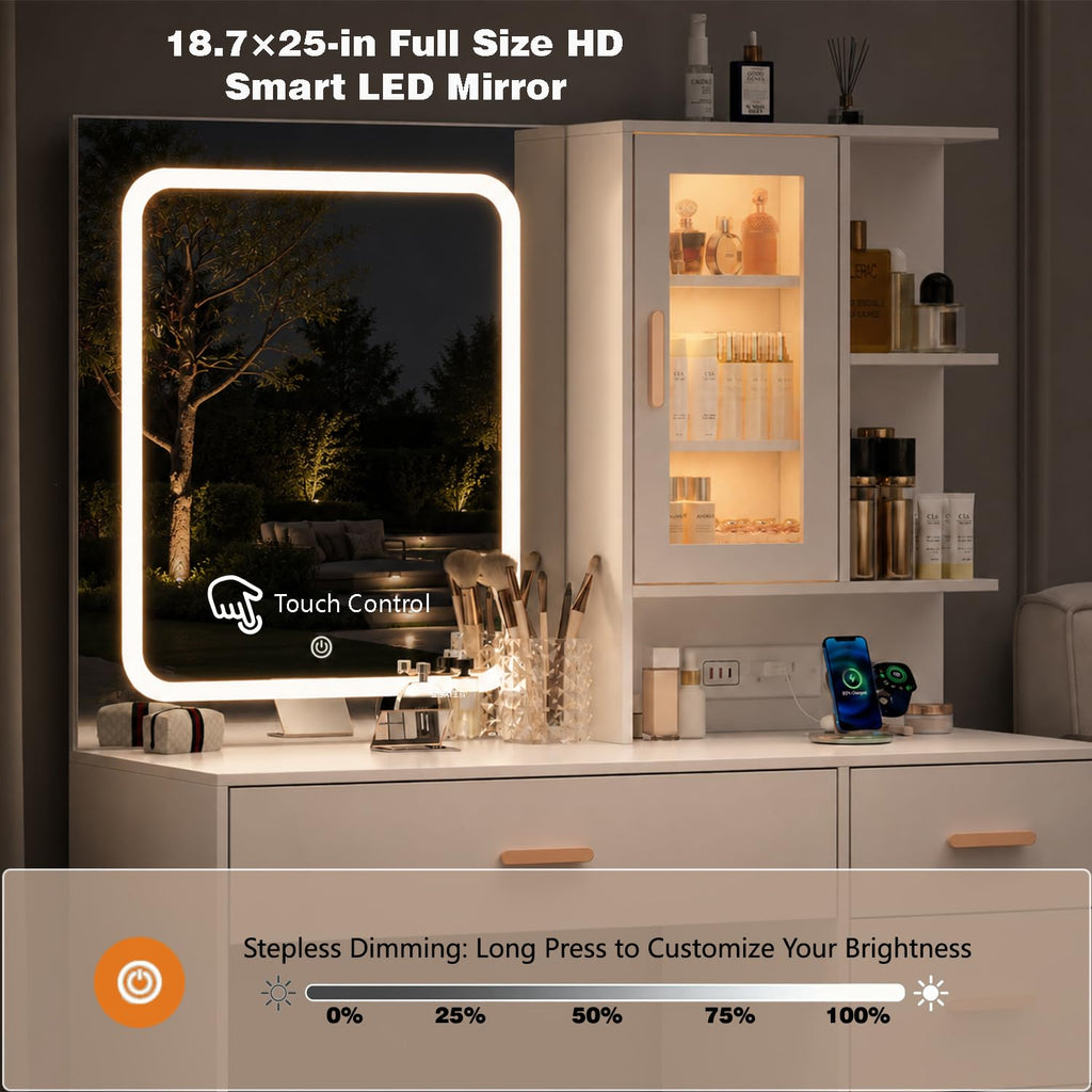 White Vanity Desk with LED Lights Mirror, 5 Drawers, Charging Station & Cushion Stool L810