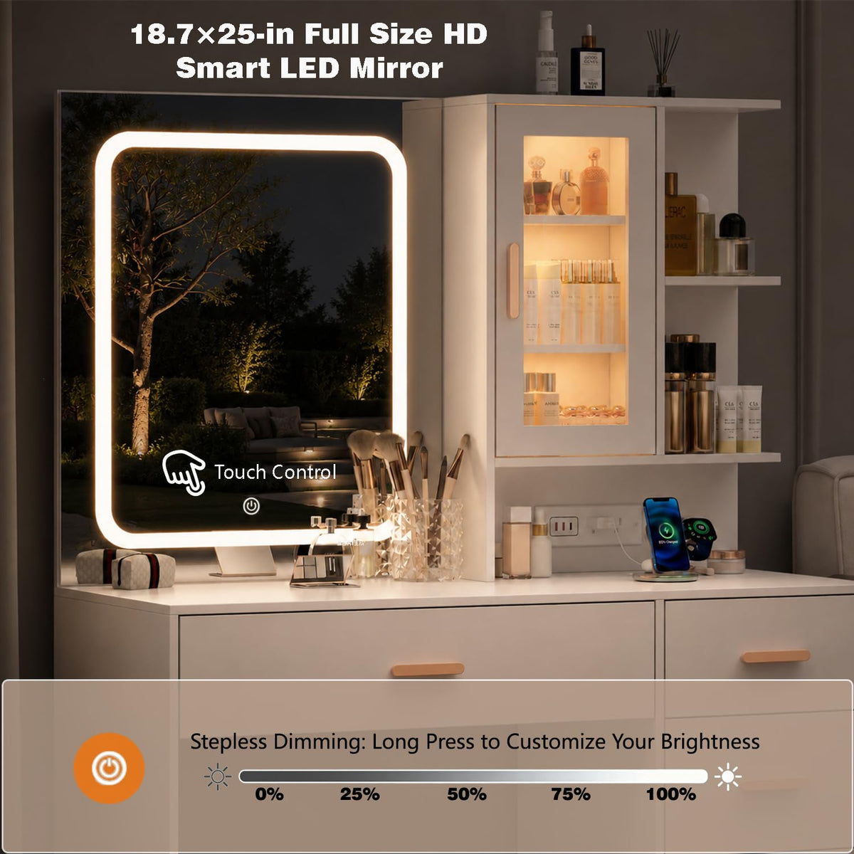 White Vanity Desk with LED Lights Mirror, 5 Drawers, Charging Station & Cushion Stool L810