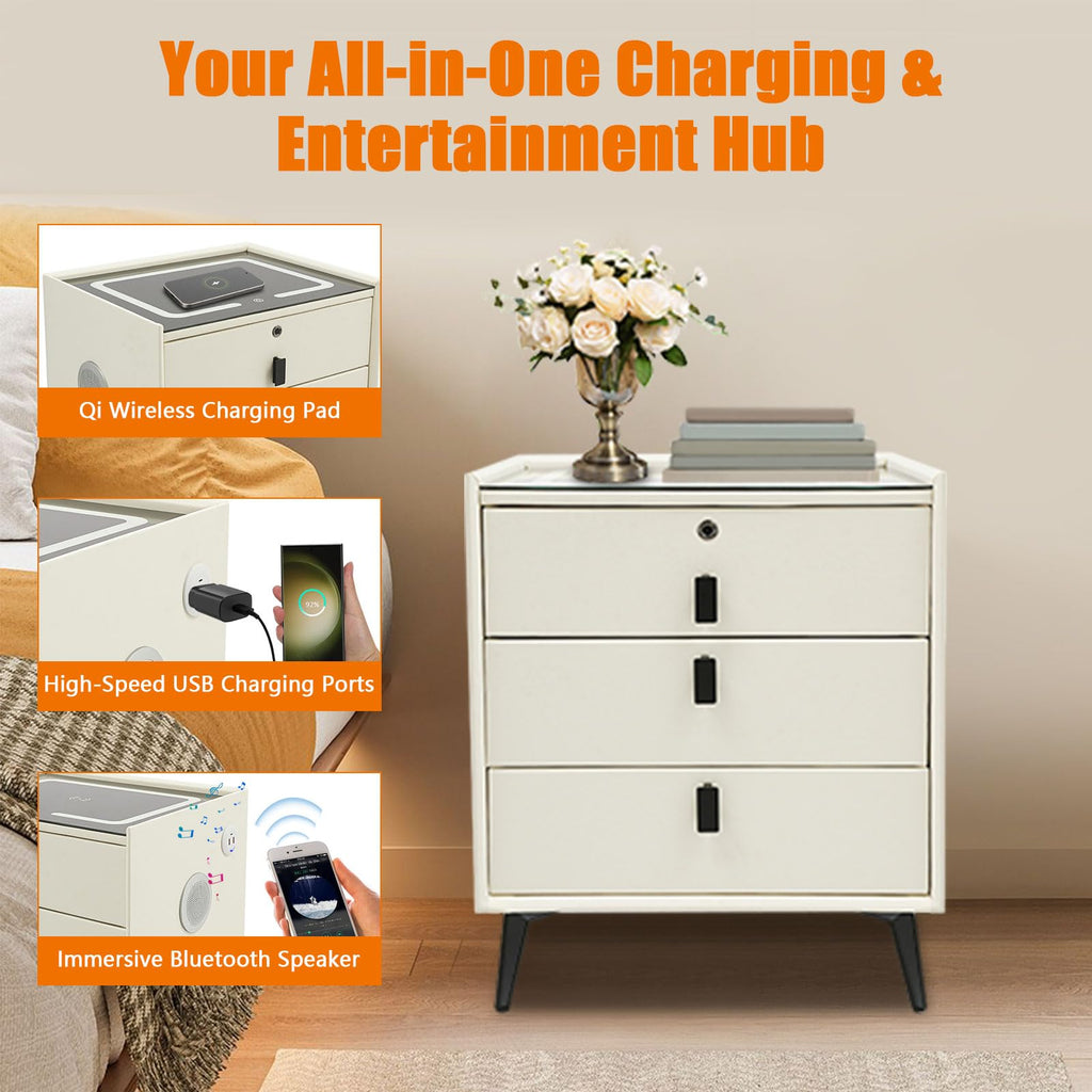 Beige White Smart LED Nightstand with USB Charging R194068