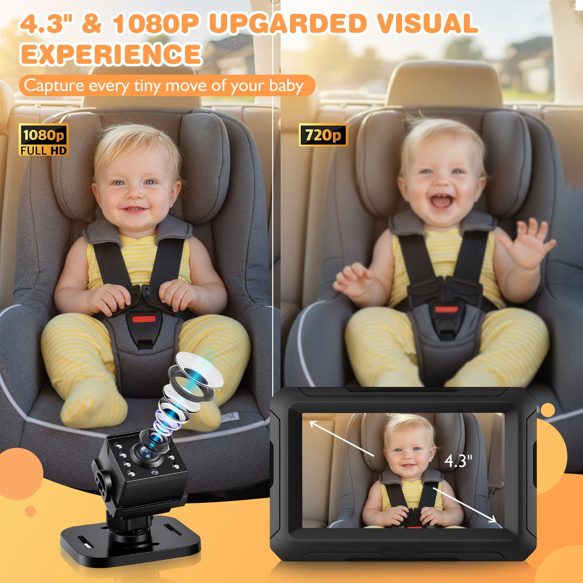 1080P Baby Car Mirror Camera with Night Vision, 150° Wide View Angle D642