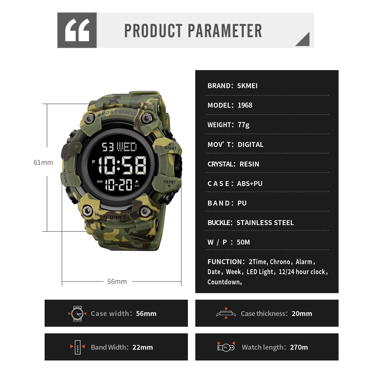 Men Digital Watch Waterproof LED Stopwatch E86188