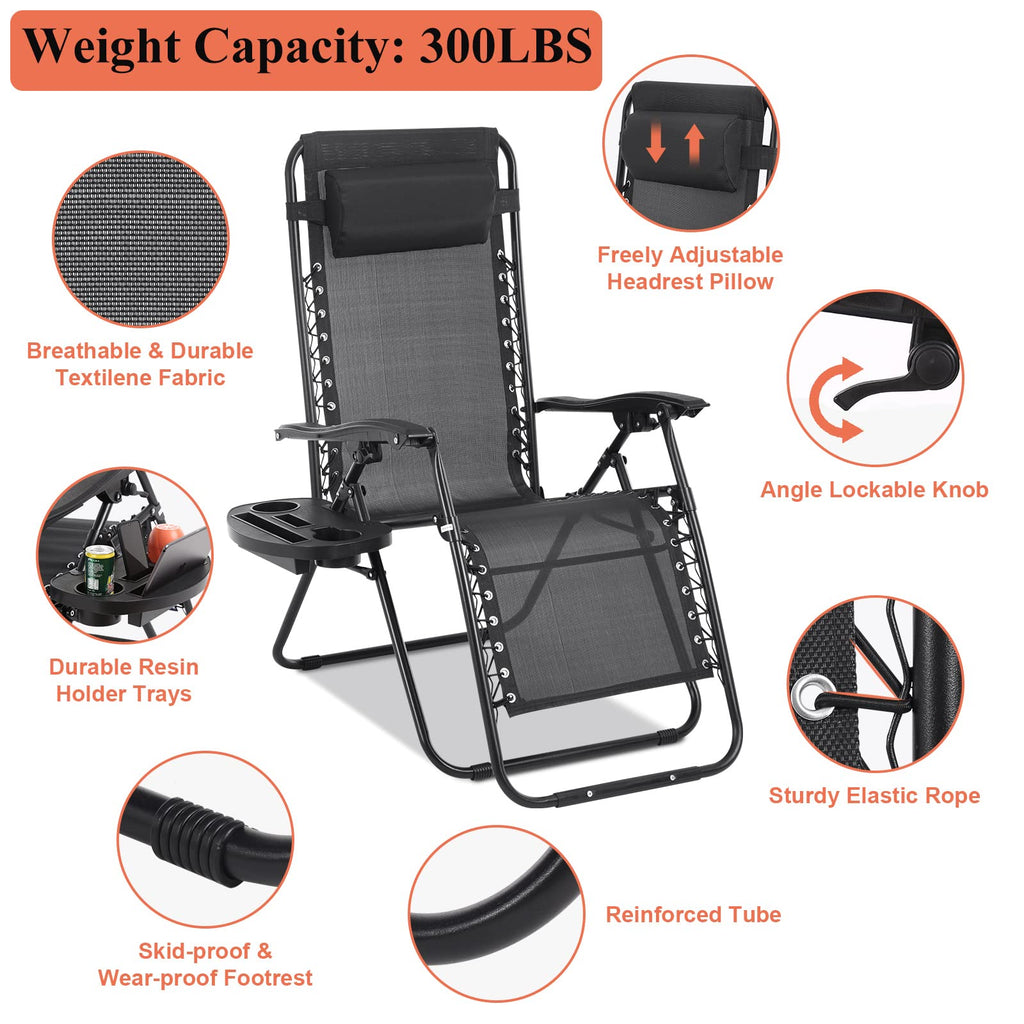 Zero Gravity Chair with Pillow and Cup Holder Trays, Black I7502
