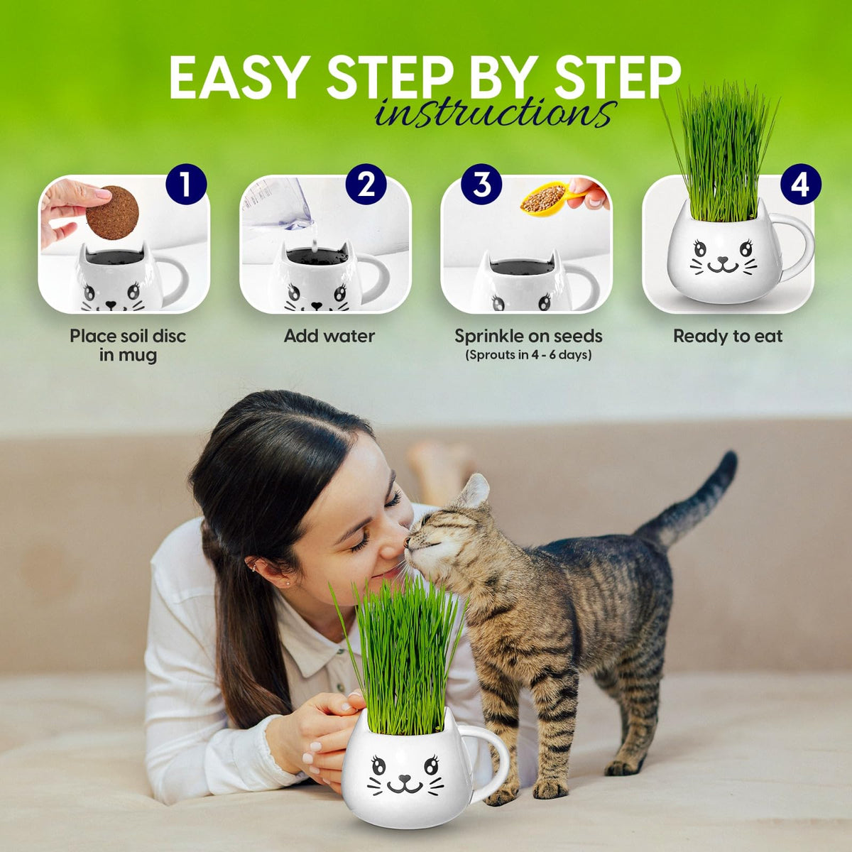 Cat Grass Growing Kit with Seeds, Soil & Ceramic Planter Z6865