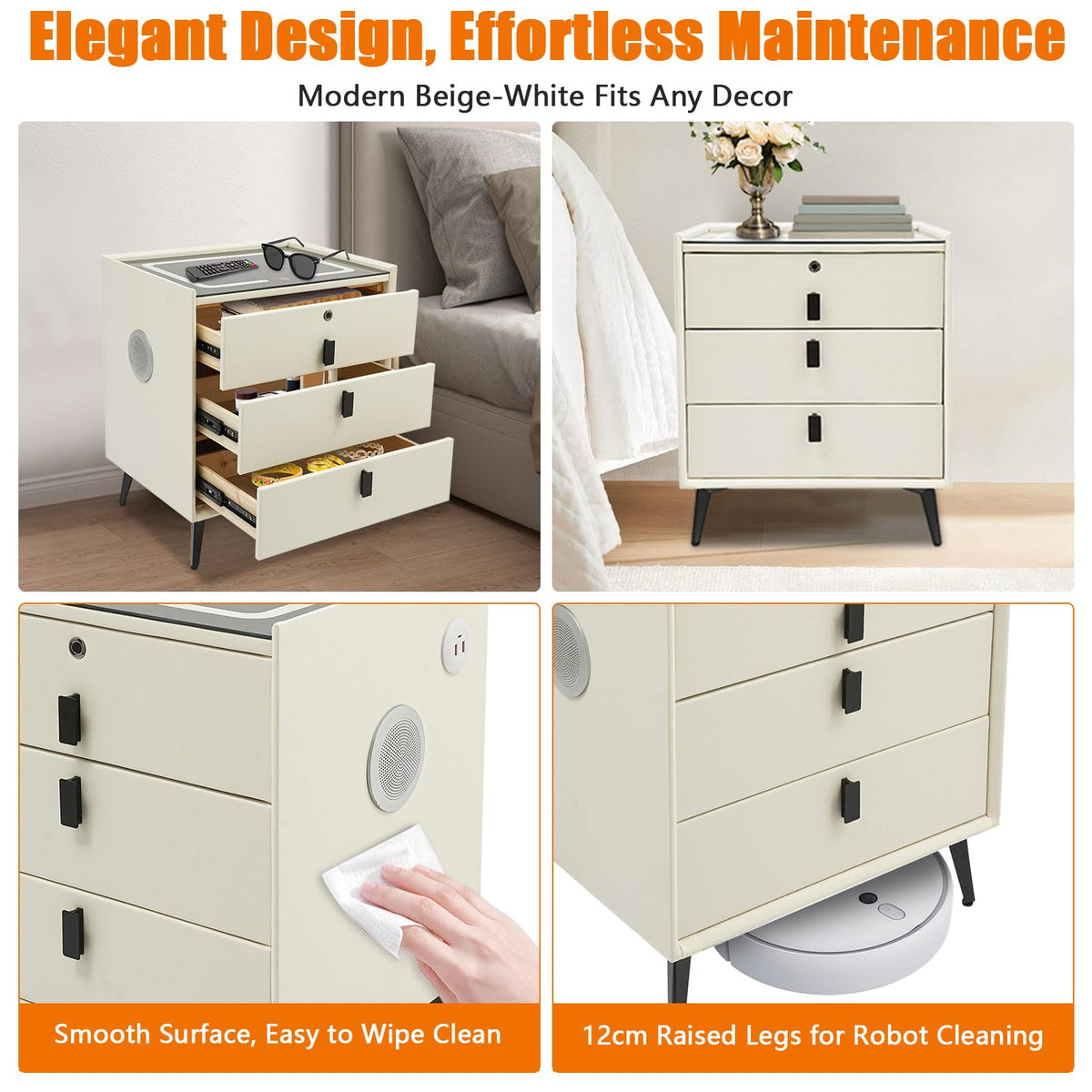Beige White Smart LED Nightstand with USB Charging R194068