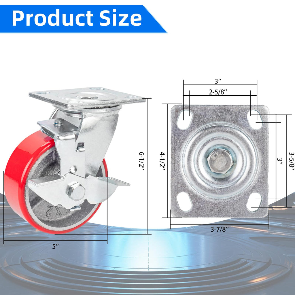 5 Inch Polyurethane Swivel Plate Casters Set of 4 with Brake B974