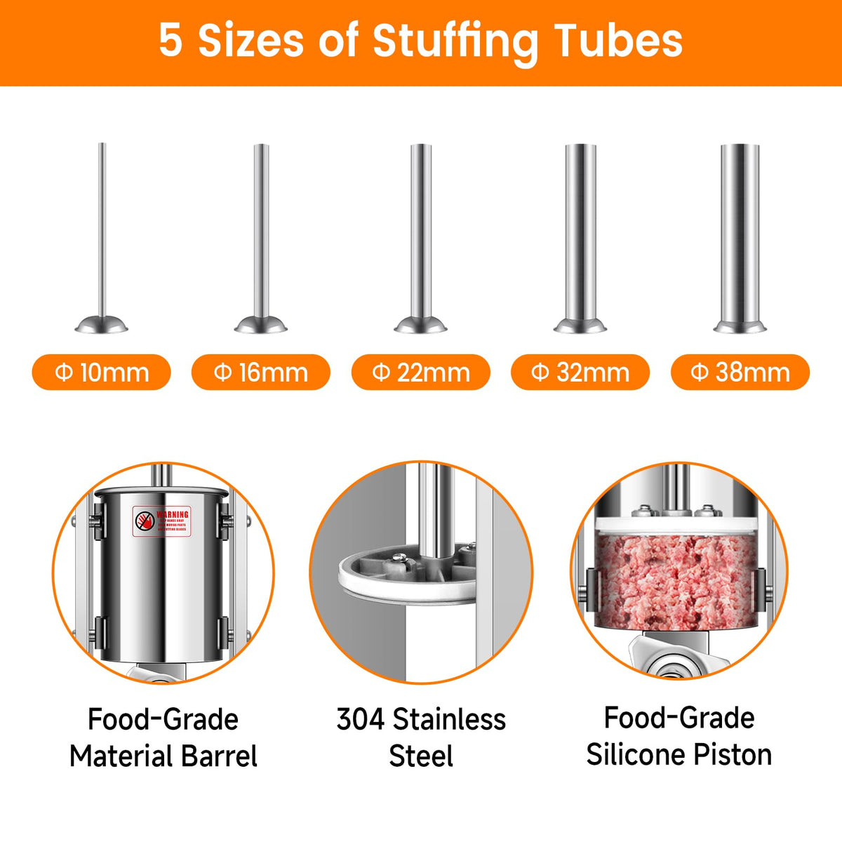 7L Vertical Stainless Steel Sausage Stuffer with 5 Filling Tubes L904651