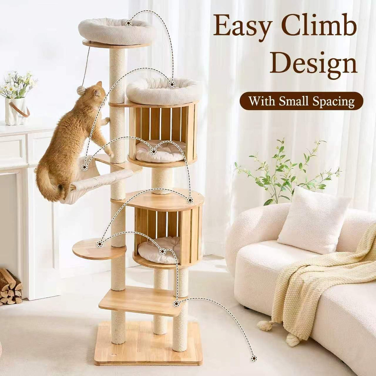 Solid Wood 70 Inches Tall Cat Tree Tower with Scratching Post I469