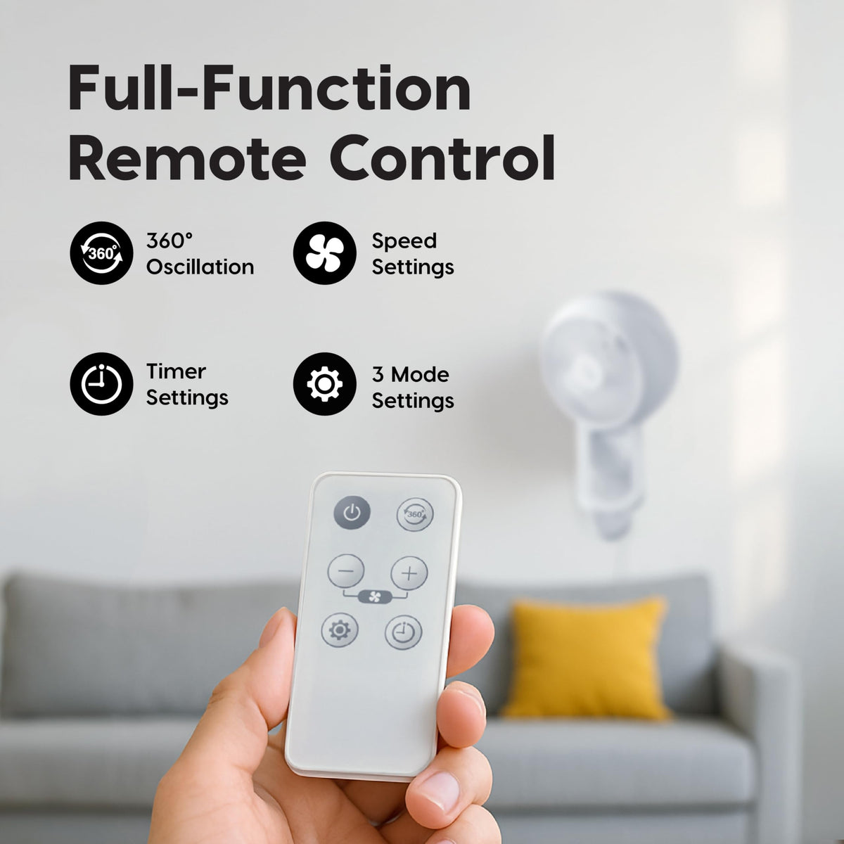 Wall Mount Fan with Remote, 360° Oscillation, 3 Speeds, White F954979
