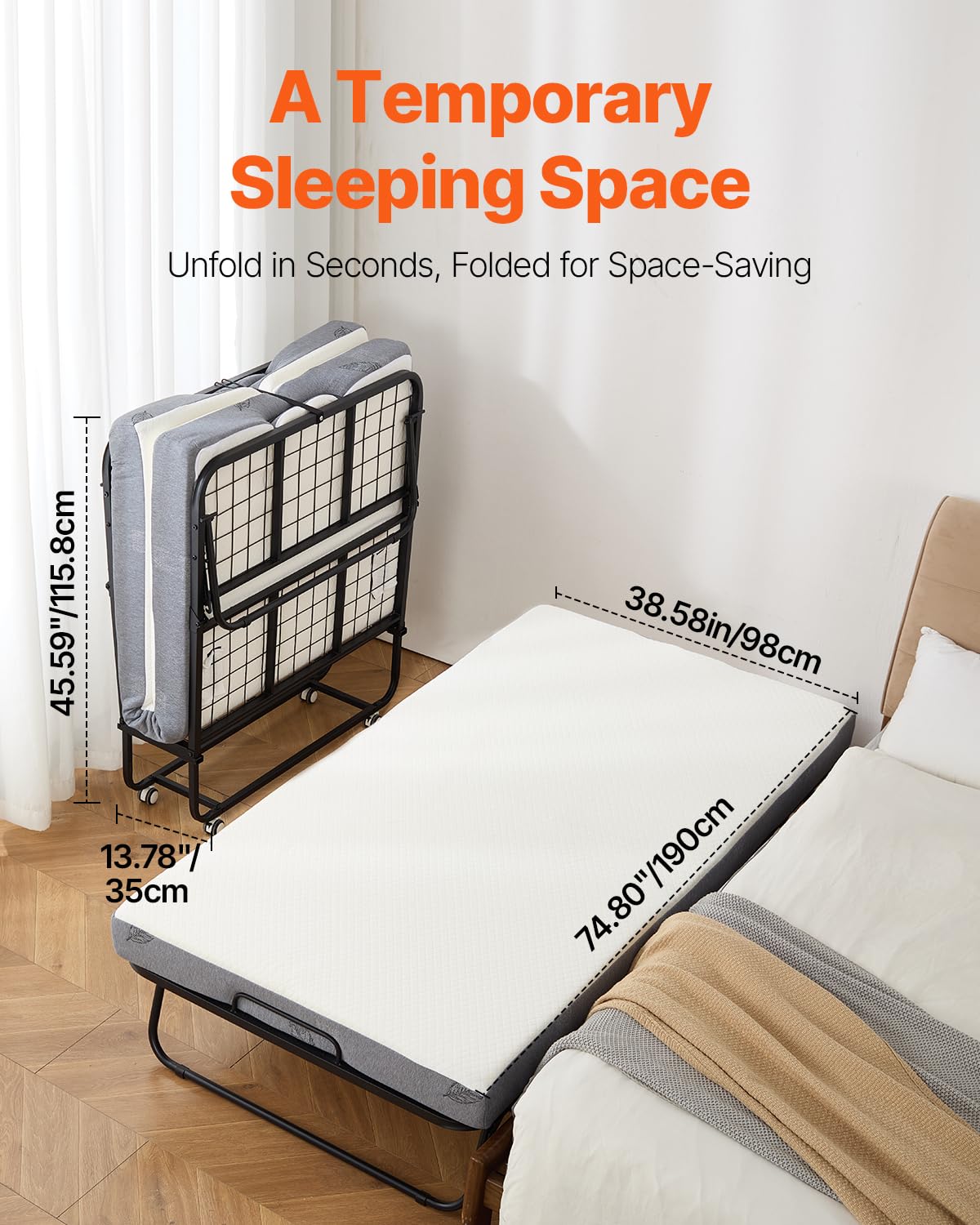 White Twin Size Folding Bed with 5 in Memory Foam Mattress K390