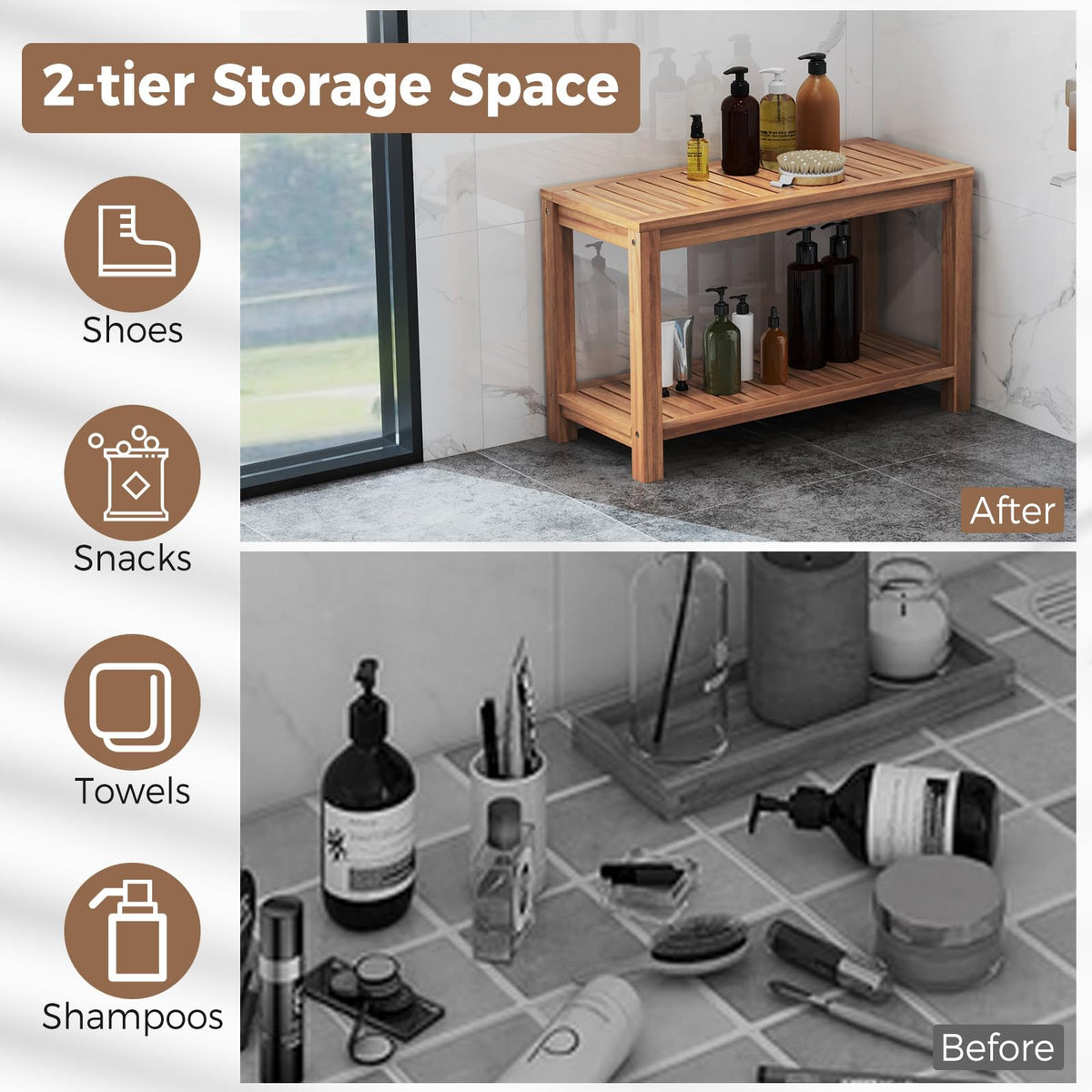 Teak Shower Bench with Shelf R370373