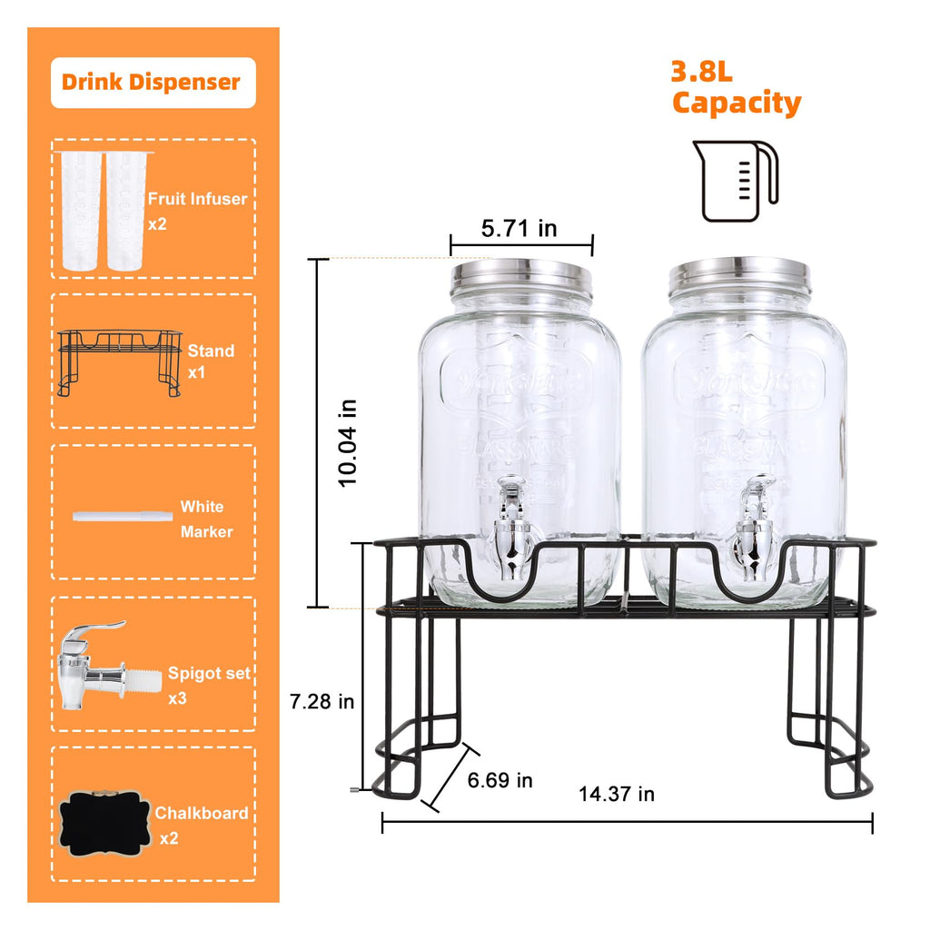 1 Gallon Glass Drink Dispenser Set of 2 W62608