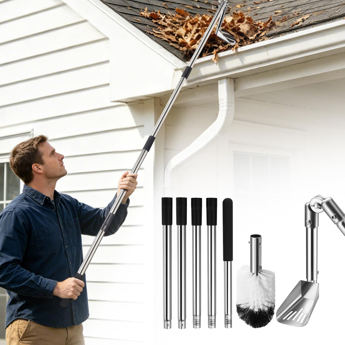 6.4FT Gutter Cleaning Tools with Extension Pole & Brush E394831