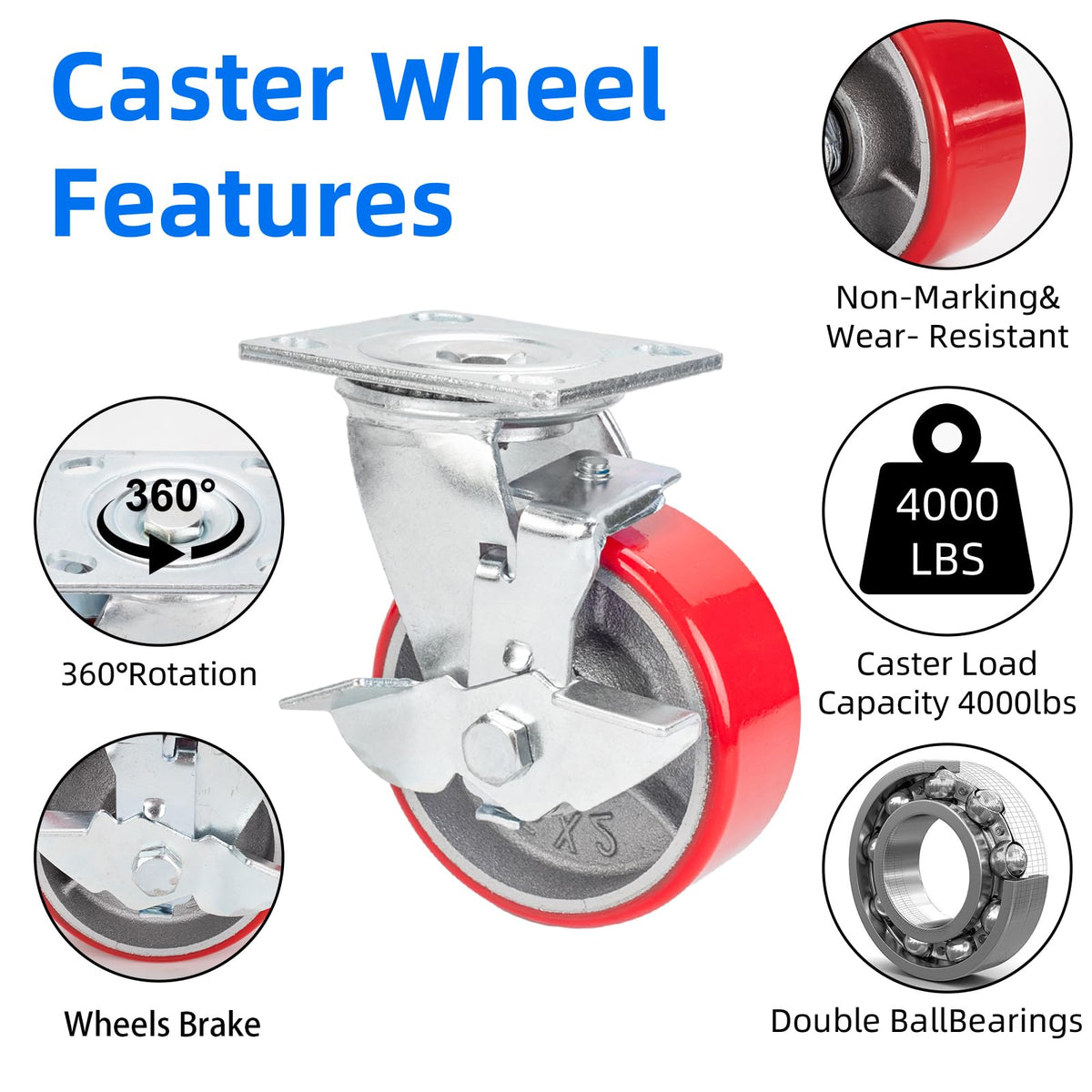 5 Inch Polyurethane Swivel Plate Casters Set of 4 with Brake B974