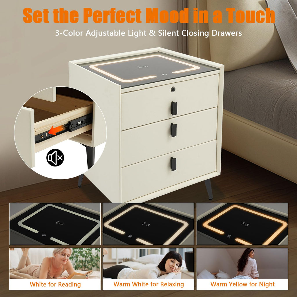 Beige White Smart LED Nightstand with USB Charging R194068