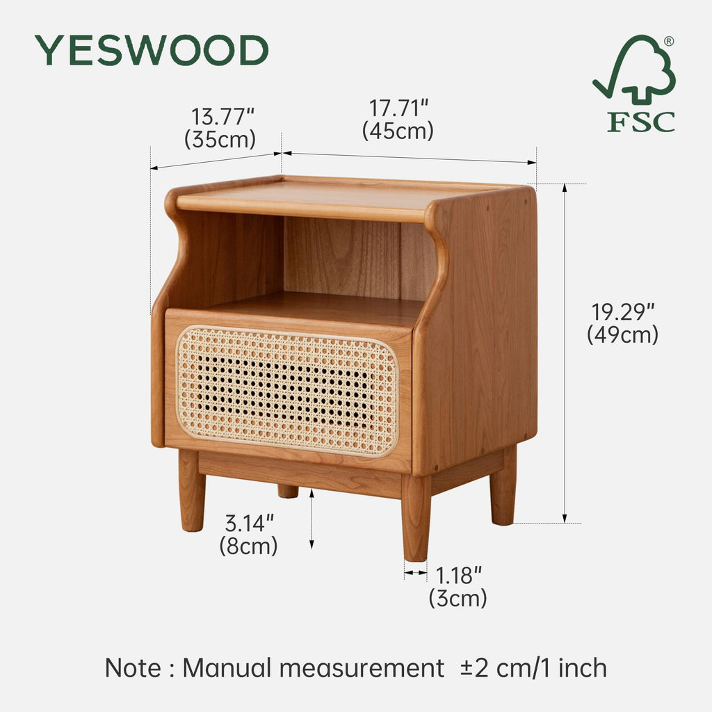 Cherry Wood Rattan Nightstand with Drawer W348
