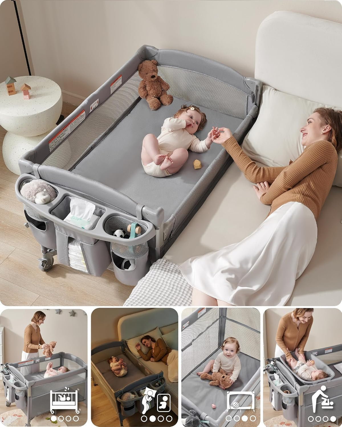 4-in-1 Baby Bassinet, Bedside Sleeper, Playard, Changing Table V4658