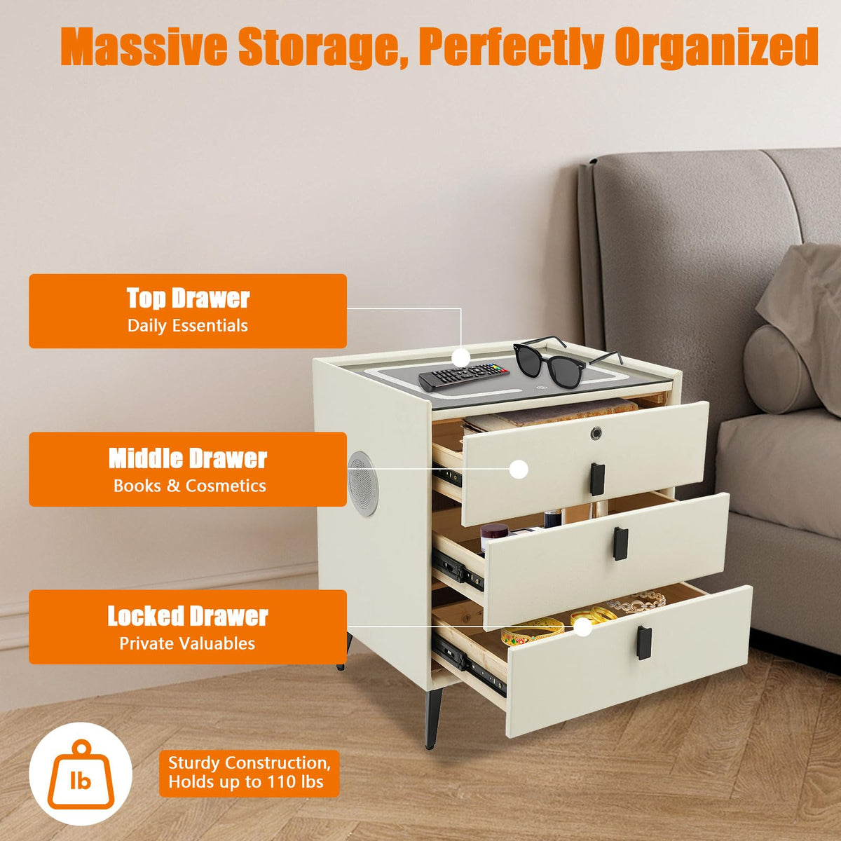 Beige White Smart LED Nightstand with USB Charging R194068