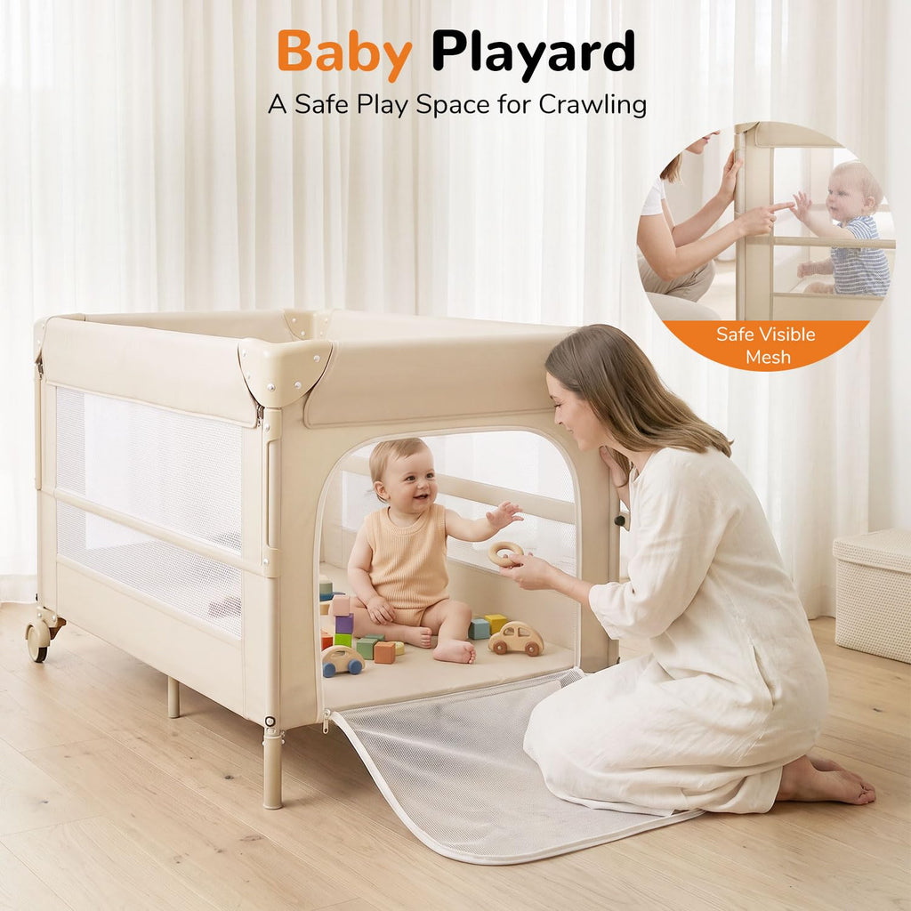 4 in 1 Foldable Pack and Play with Bassinet and Changing Table, Beige I10993