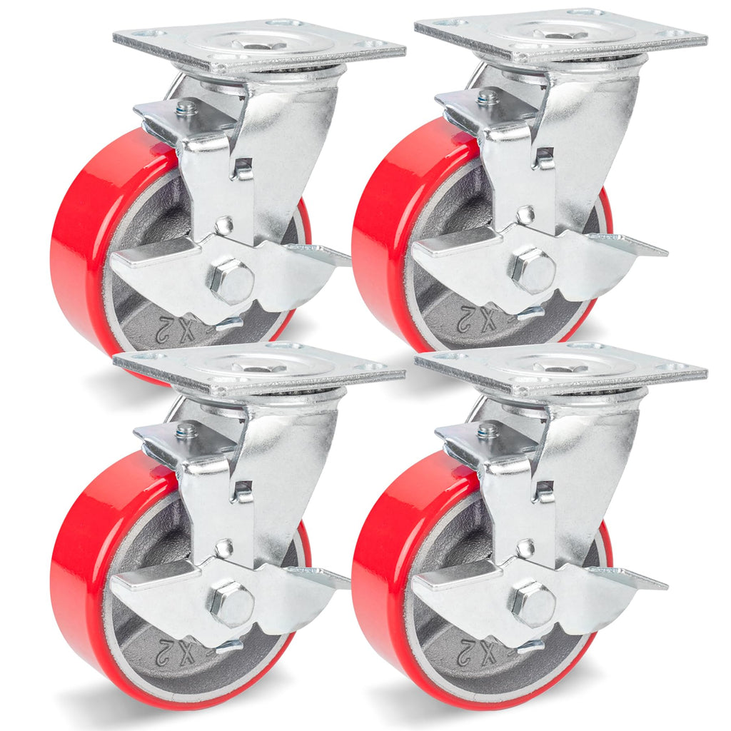 5 Inch Polyurethane Swivel Plate Casters Set of 4 with Brake B974