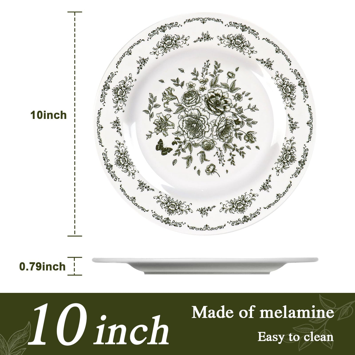 12 Piece 10 inch Green and White Floral Melamine Dinner Plates F3592