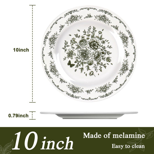 12 Piece 10 inch Green and White Floral Melamine Dinner Plates F3592