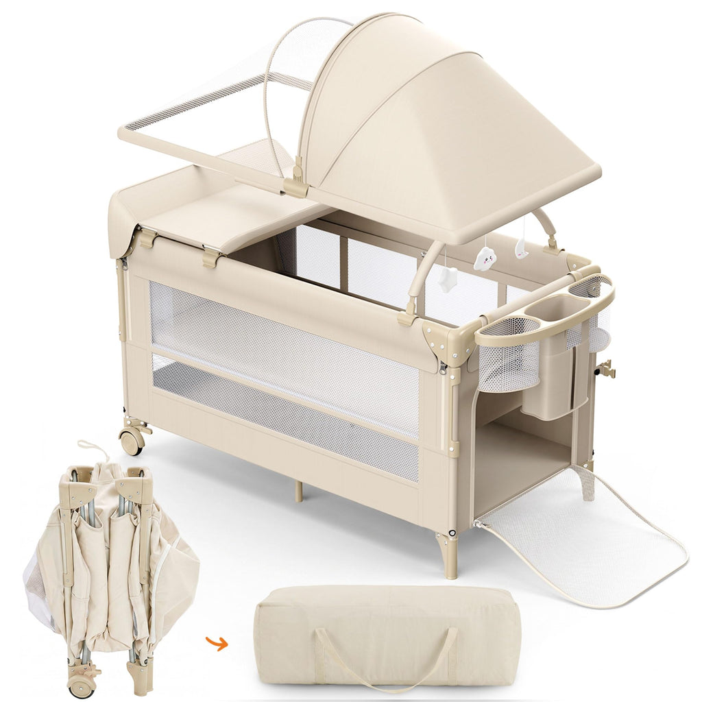 4 in 1 Foldable Pack and Play with Bassinet and Changing Table, Beige I10993