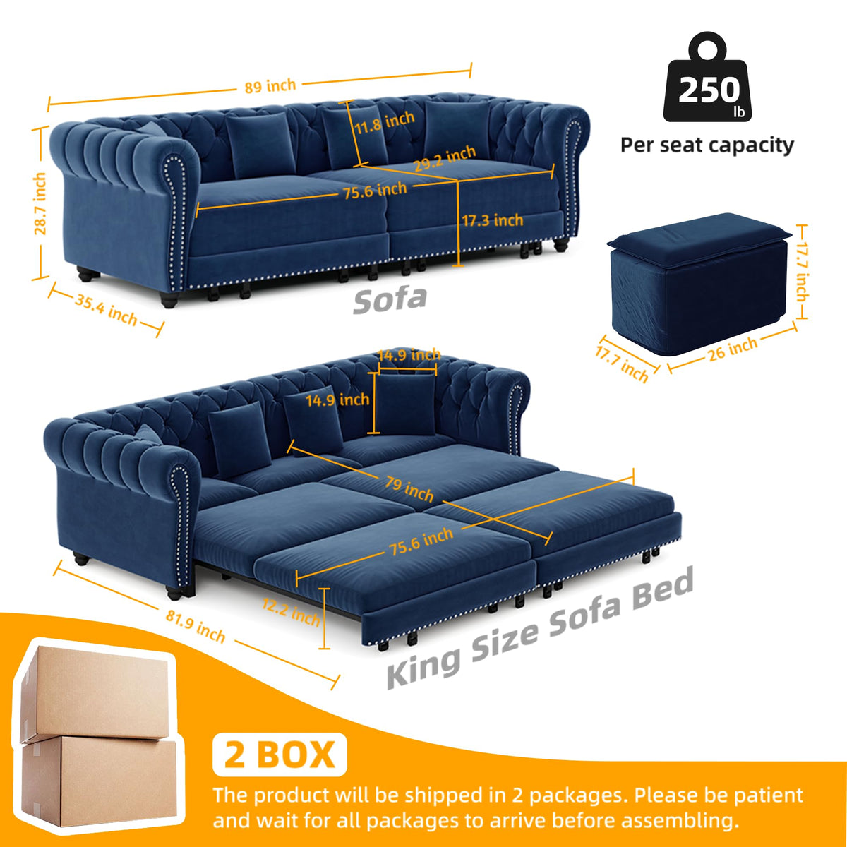 Blue Velvet King Size Sleeper Sofa A97142