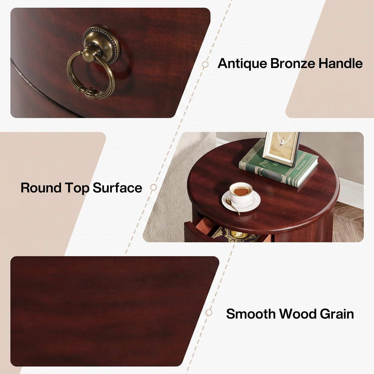 Solid Wood Round End Table with 4 Drawers L621814