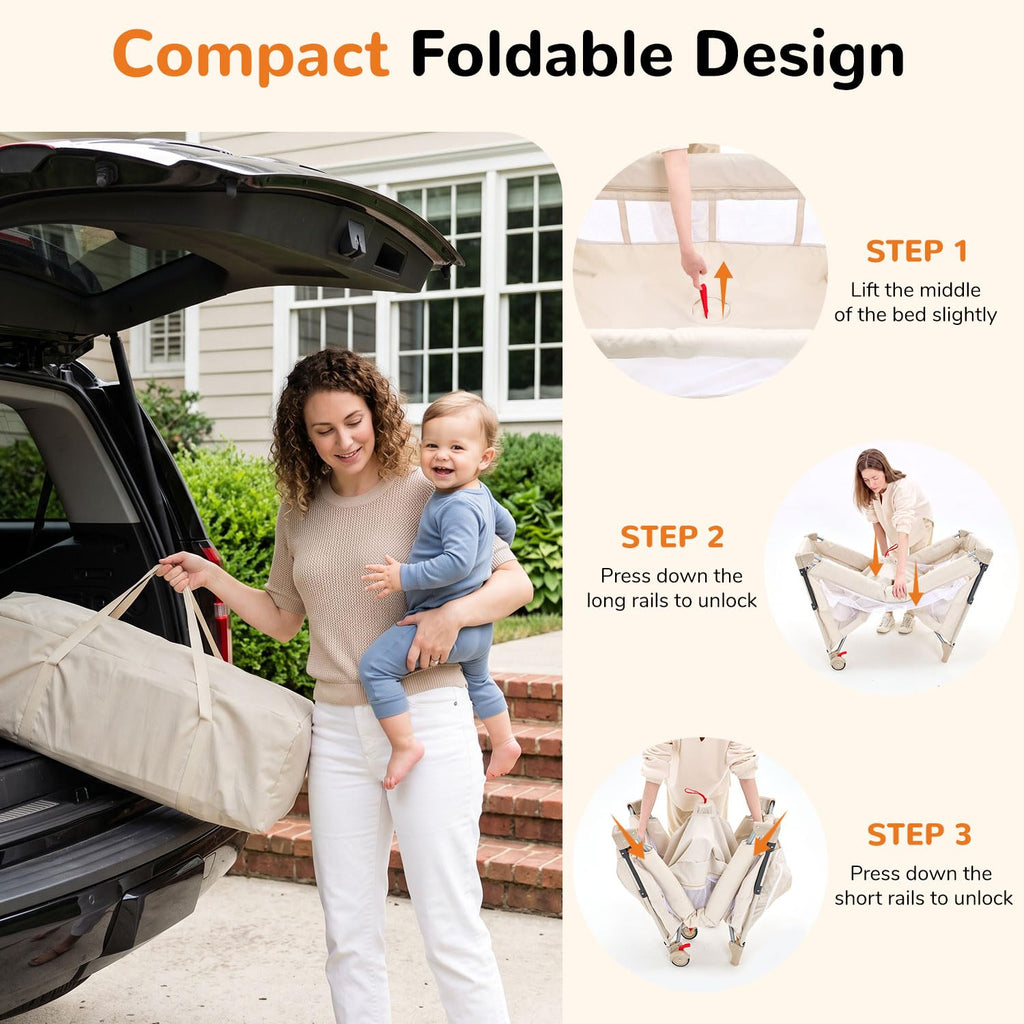 4 in 1 Foldable Pack and Play with Bassinet and Changing Table, Beige I10993
