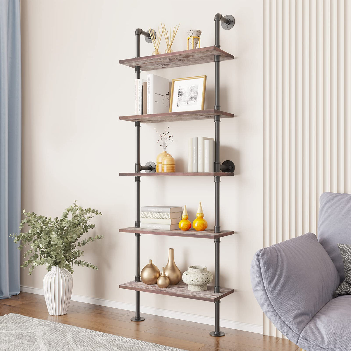 5 Tier Solid Wood Industrial Pipe Ladder Shelf H3373